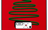 kartka świąteczna, na czerwonym tle, kauter z którego kabla układa się kształt choinki, na dole napis WKiRDS