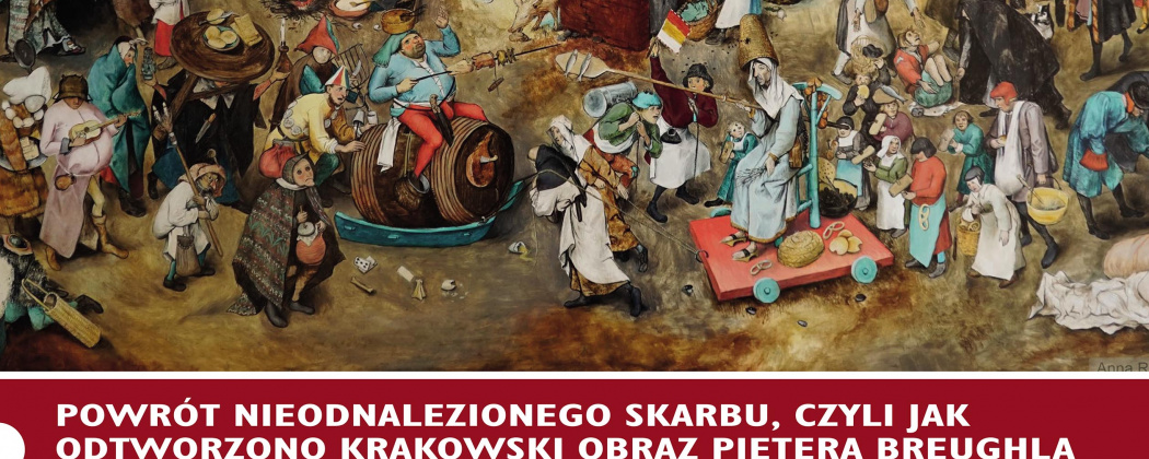 plakat wystawy przedstawiający obraz walki postu z karnawałem z epoki renesansu. Na dole białe litery na czerwonym tle.