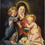 obraz przedstawiający Madonnę trzymającą dzieciątko Jezus, przed którym klęczy młody Jan Chrzciciel ubrany w skórę